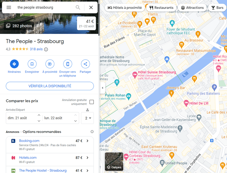 Affichage de Google Hotel Ads sur Google Maps